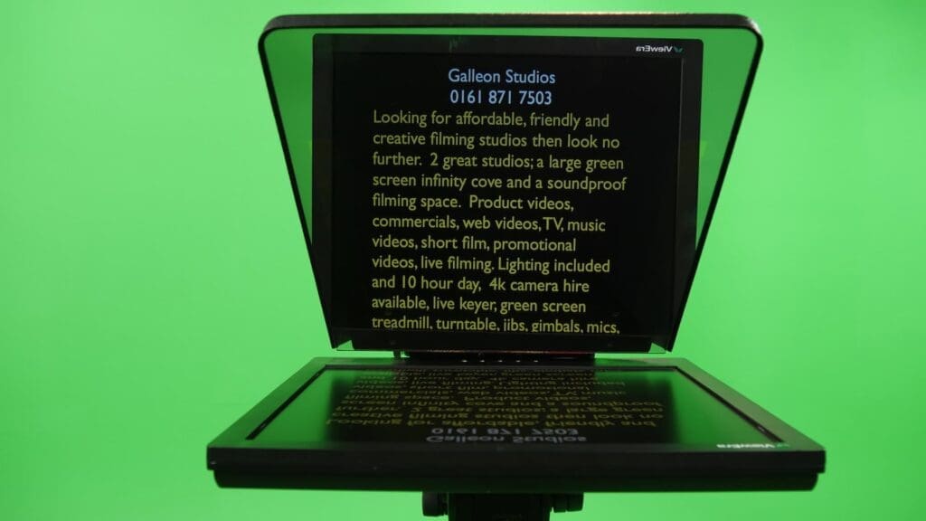 Teleprompter displaying filming studio information text