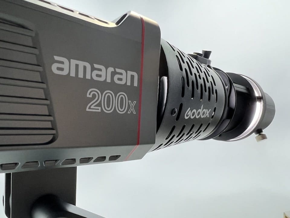 Close-up of Amaran 200x studio light branding and design