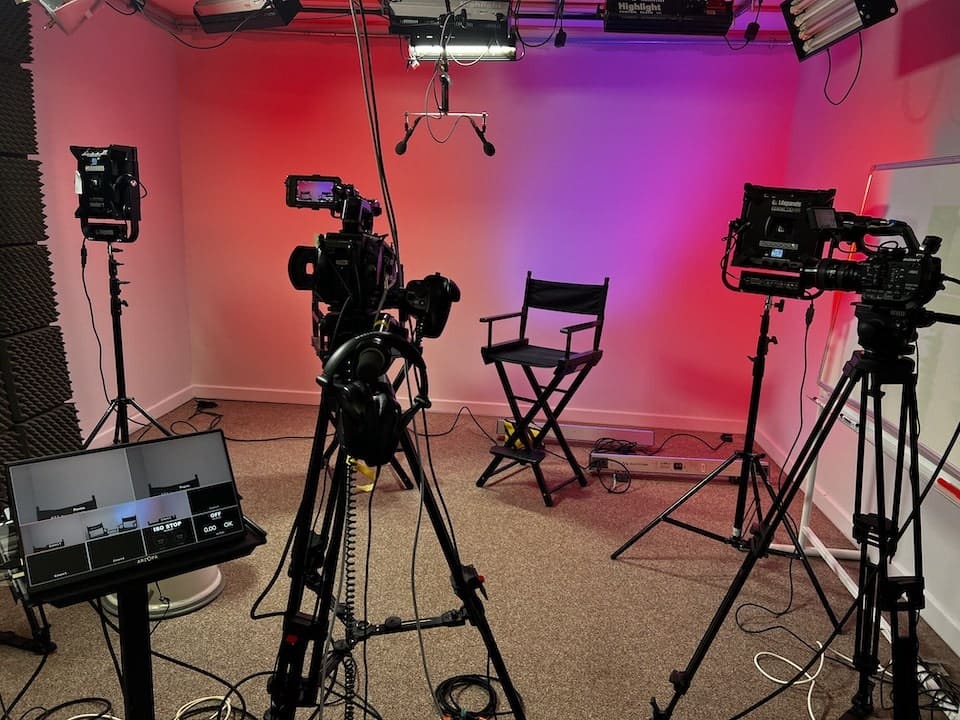 Video production studio in Hush studio with lights and cameras.