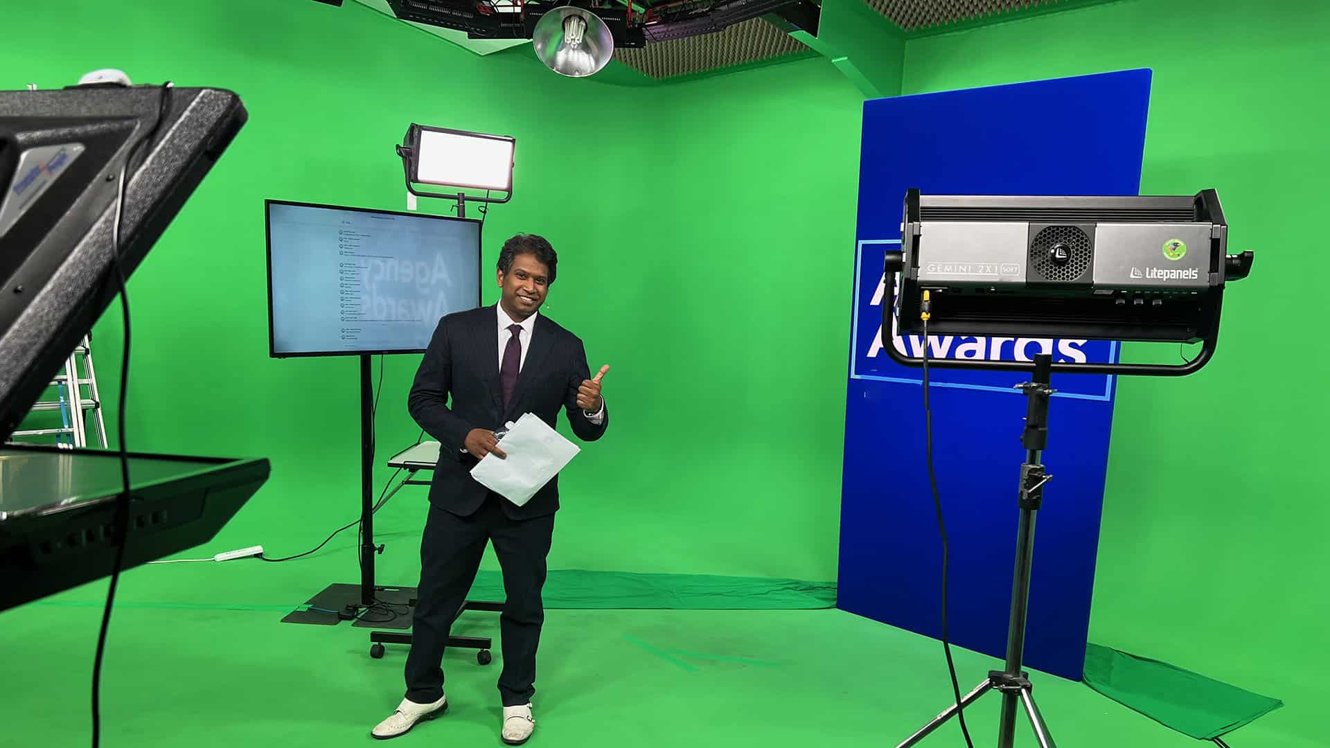 Man presenting an Awards Show in a professional green screen studio Man presenting an Awards Show in a professional green screen studio