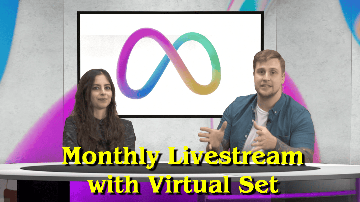 Two hosts presenting monthly livestream virtual set. Two hosts presenting monthly livestream virtual set.