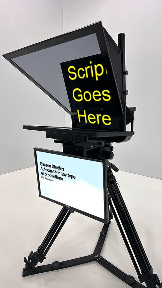Studio teleprompter setup with screen display for dual delivery